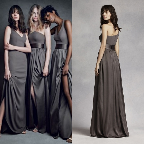Vera Wang White Charcoal Satin Crepe One-Shoulder Belted Side Slit Formal Gown 8 - Picture 1 of 16